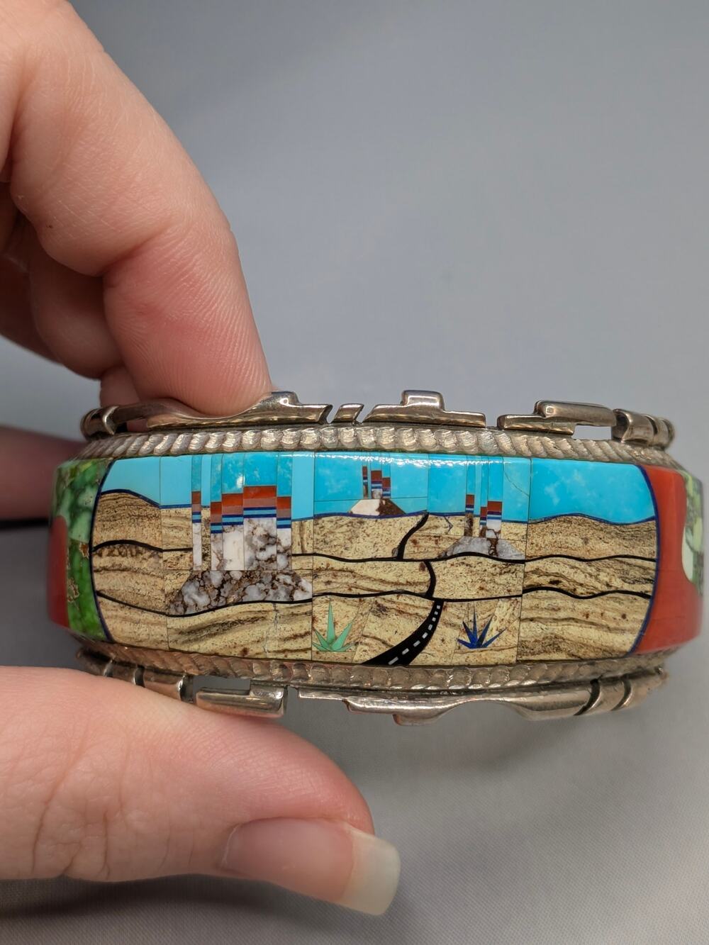 Alvin Yellowhorse Native American Thick Inlay Multi Stone Sterling Cuff Size 6.5